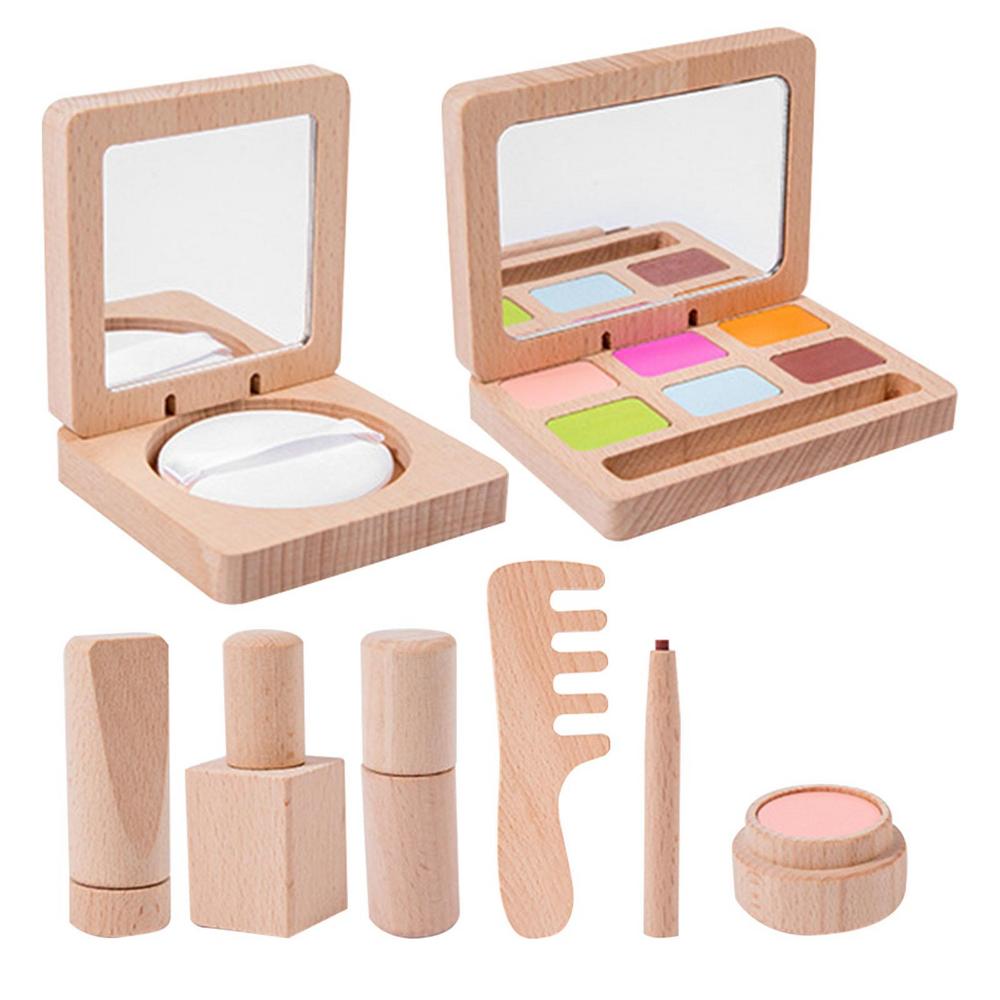 

Wooden Makeup Set Wooden Beauty Salon Makeup Kit Playset Portable Dress-Up And Make Up Set For Kids 3 Years Old