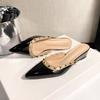 Rivet single shoes women's thick heel pointed toe nude flats 2025 spring new side empty patent leather bag head sandals