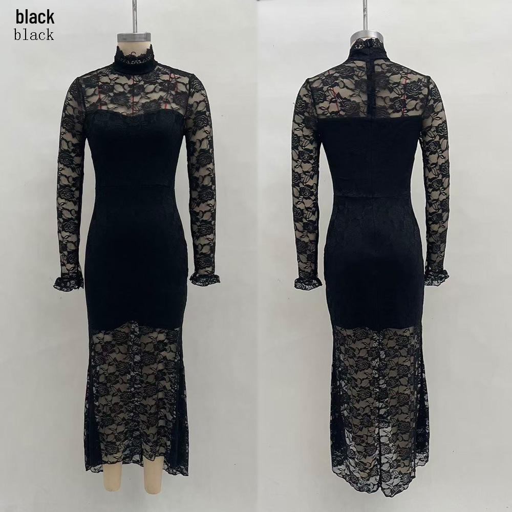 Elegant European & American Long-Sleeve Autumn/Winter High-Waisted Slim Fit Banquet Dress for Women L