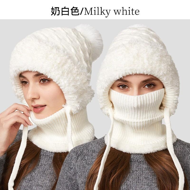 One-piece knitted hat women's autumn and winter velvet thickened mask ear protection wool hat outdoor cold big head suitable for thermal hat