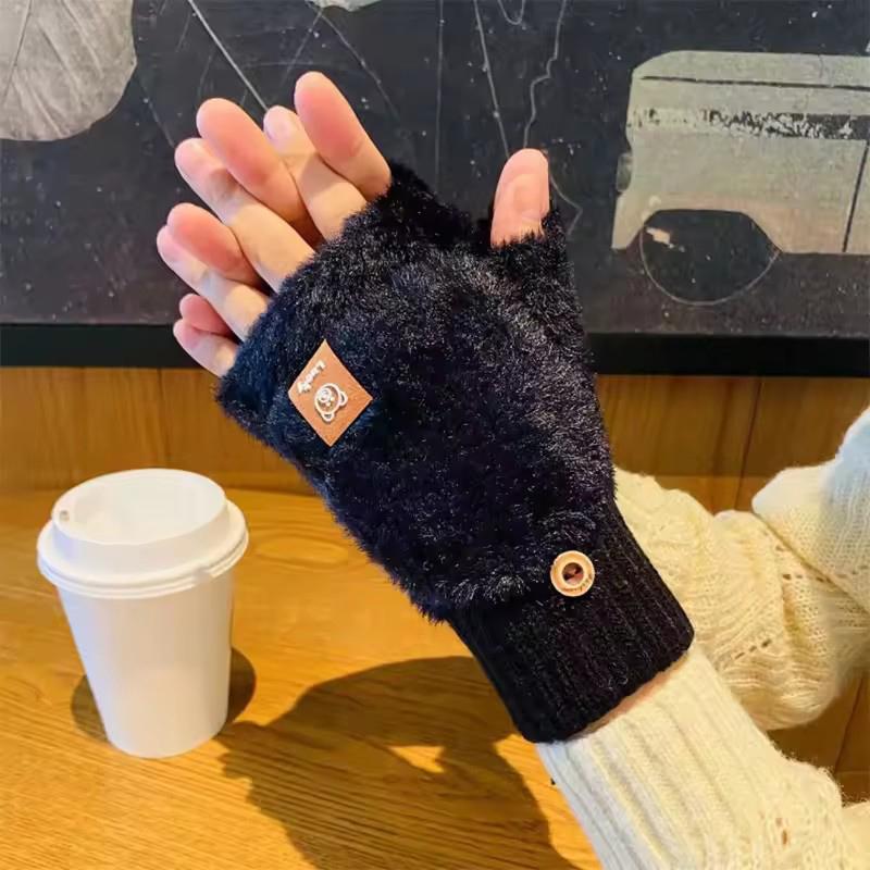 Korean Knitted Flip Up Dual Purpose Gloves for Women Cute Bear Skin Friendly Soft Warm Warm Gloves Office Writing Student Gloves