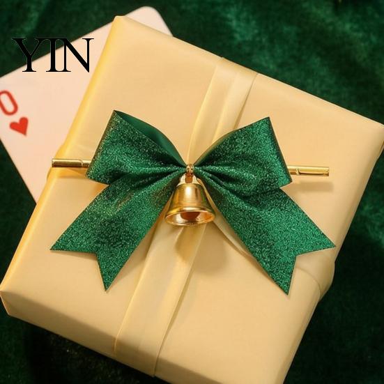 Decorative Bows with Bells 2 Pcs Christmas Bell, 4 Inch Glitter Ribbon Bows, Pre Tied Hanging Holiday Ornaments Xmas for Gift Wrapping, Wreath, Tree,