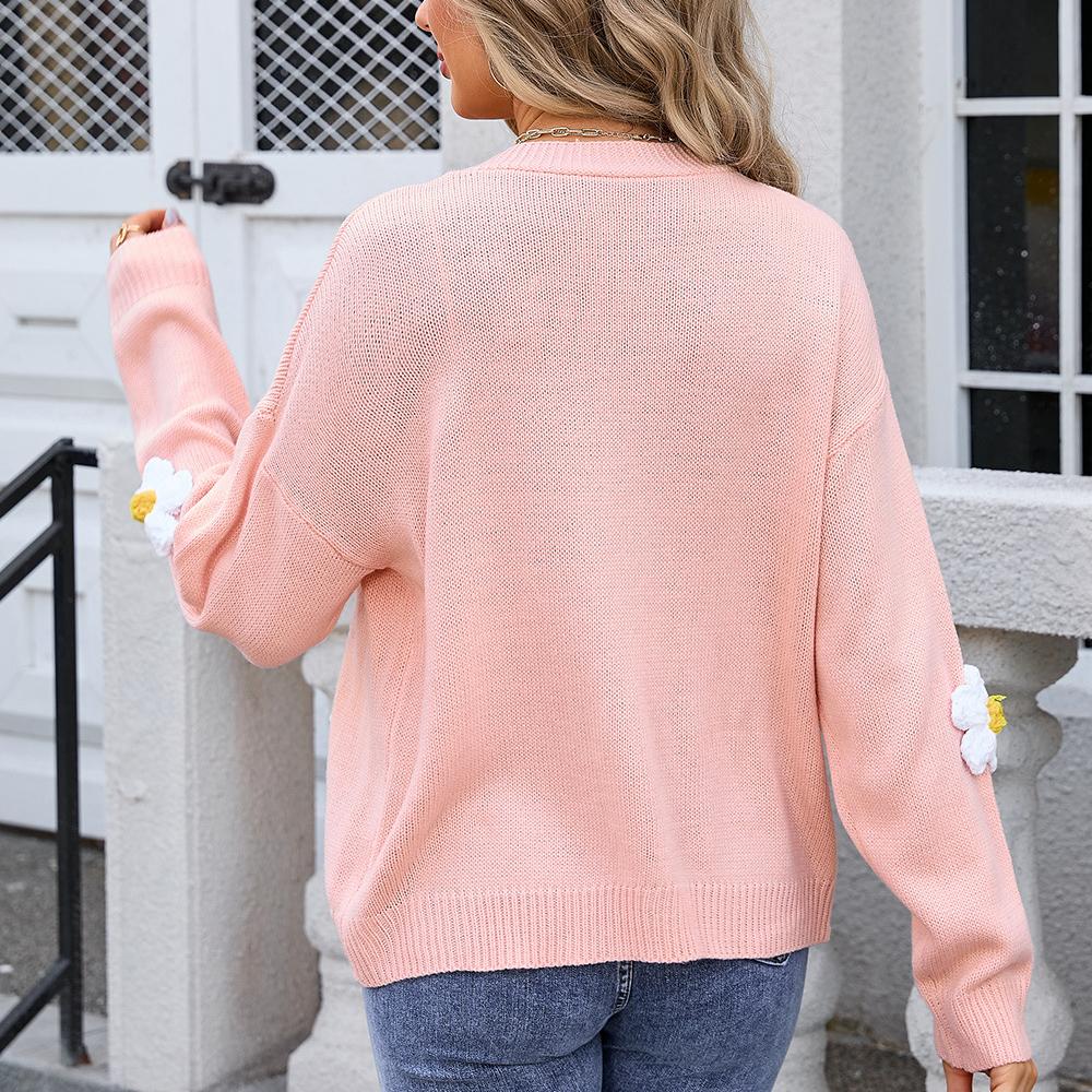 Jesienno-zimowy damski sweter rozpinany na guziki, dzianinowy kardigan w kwiaty, modny