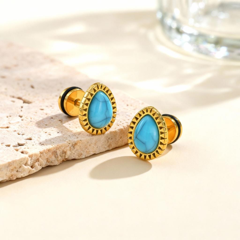 Vnox Vintage Gold Plated Water Drop Shaped Turquoise Stud Earrings, Stainless Steel Natural Stone Earrings Jewelry for Women