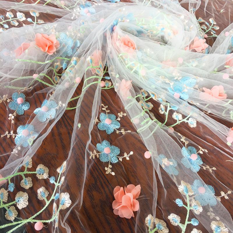 1 Yard 3D Petal Flower Embroidery Lace Fabric Soft Mesh Tulle Floral Fabric For Diy Wedding Dress Clothes Photography Props