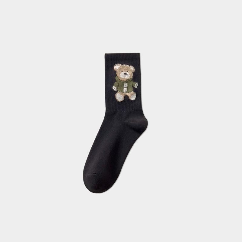 Little Bear Women's Cute Mid-Calf Feather Yarn Socks - Japanese Style in Coffee Color, Ideal for Spring & Autumn.