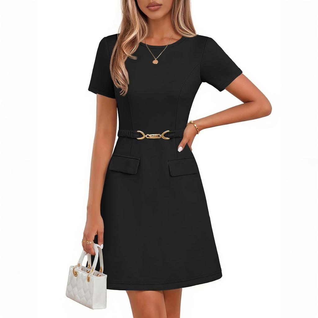 Women's Color Belted Dress - Elegant Summer Wear, Waist Definition