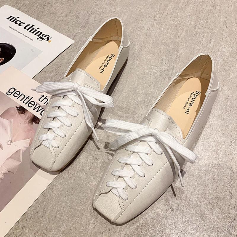 ZANPACE Pantofi sport cu platformă și vârf pătrat, pantofi sport pentru femei, pantofi sport din piele, pantofi sport casual cu dantelă și plată, pantofi de damă