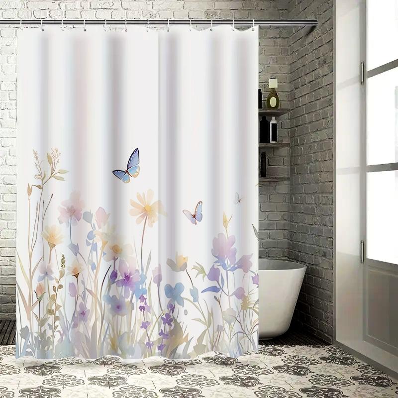 Elegant Flower Butterfly Design Waterproof Heat Resistant Machine Washable Shower Curtain Complimentary Hook Nordic Minimalist