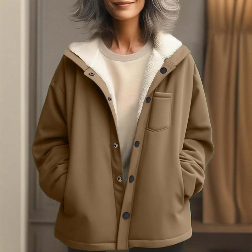 Women's Fashionable Solid Color Hooded Long Sleeved Button Pocket Warm Jacket Jacket