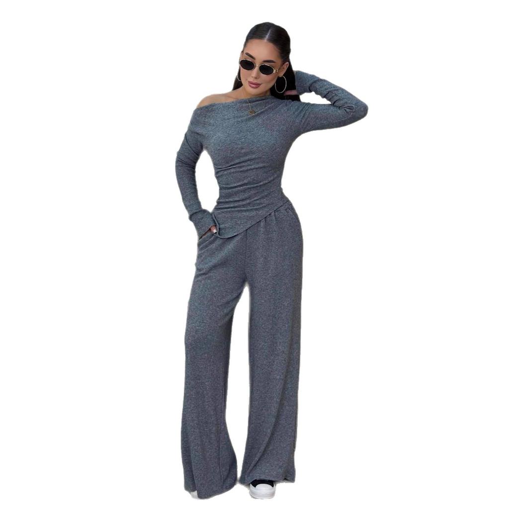 2025 Autumn Women's One-Shoulder Casual Two-Piece: Long-Sleeved Top and Wide-Leg Pants.