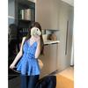 Korean neck V-neck sleeveless sling vest women's design sense waist temperament plaid shirt top women's autumn