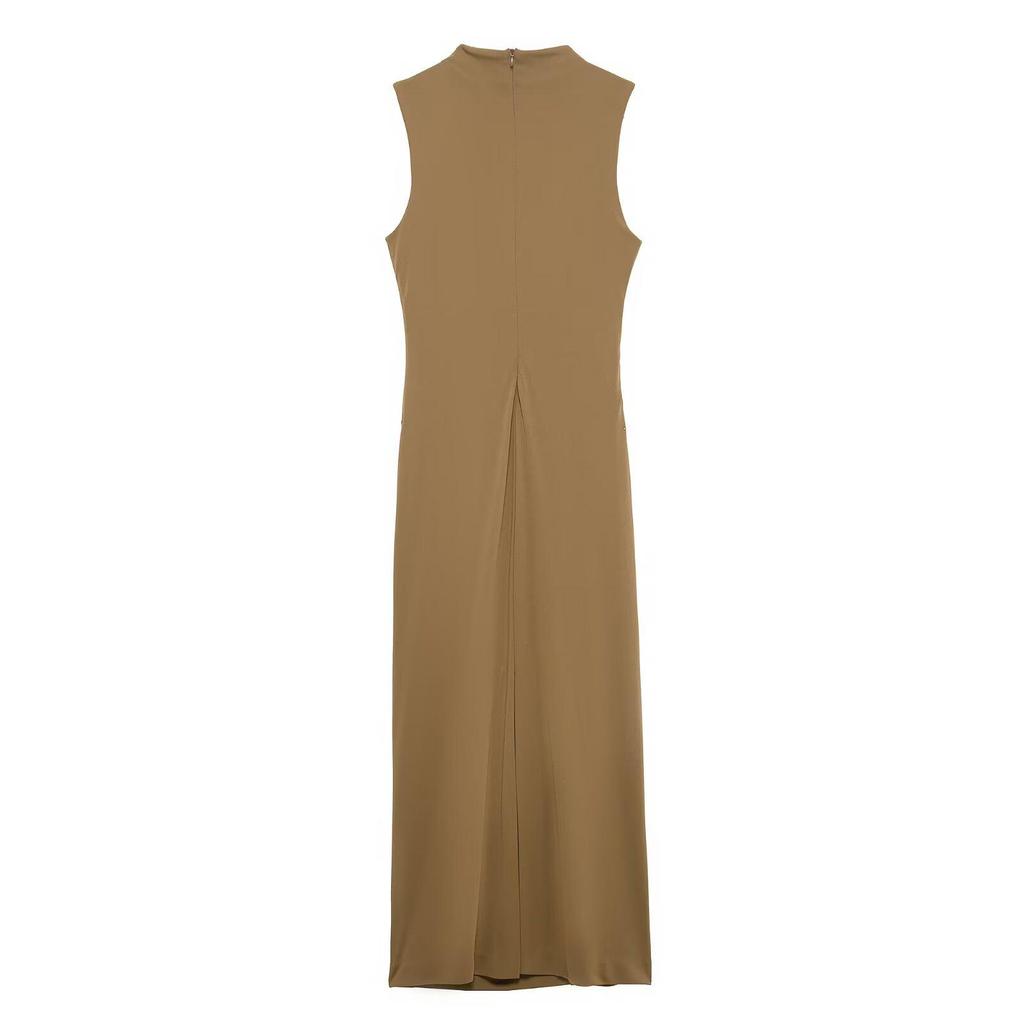 2025 Spring Women's Semi-High Neck Pleated Sleeveless Long Dress