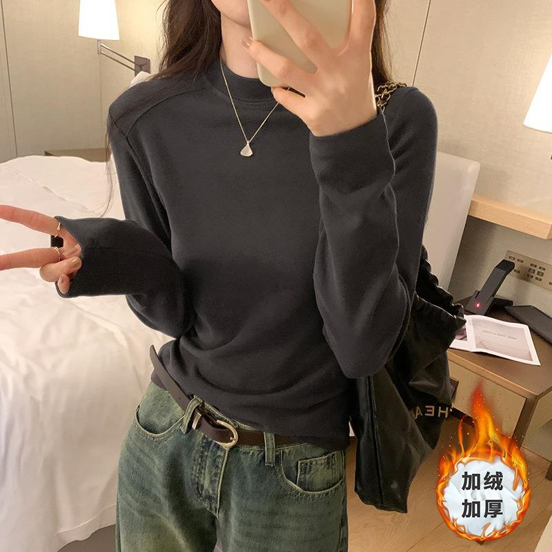

High-end mid-neck bottoming shirt women s spring polished warm inner top semi-turtleneck fishbone long-sleeved shirt XL
