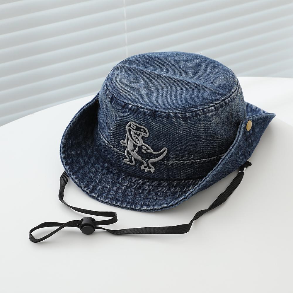 

Fashionable and simple embroidered little dinosaur children s denim boater hat with adjustable brim for outdoor hiking climbing One Size