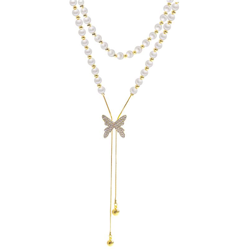 Douyin Popular Pull-out Pearl Necklace Female Niche Design Butterfly Pendant Collarbone Chain