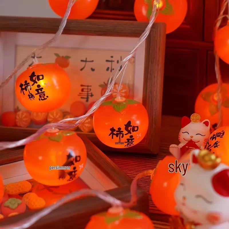 LED Red Lantern & Persimmon String Lights for Solar New Year Festive Décor 2m 10 LED Battery (Steady)