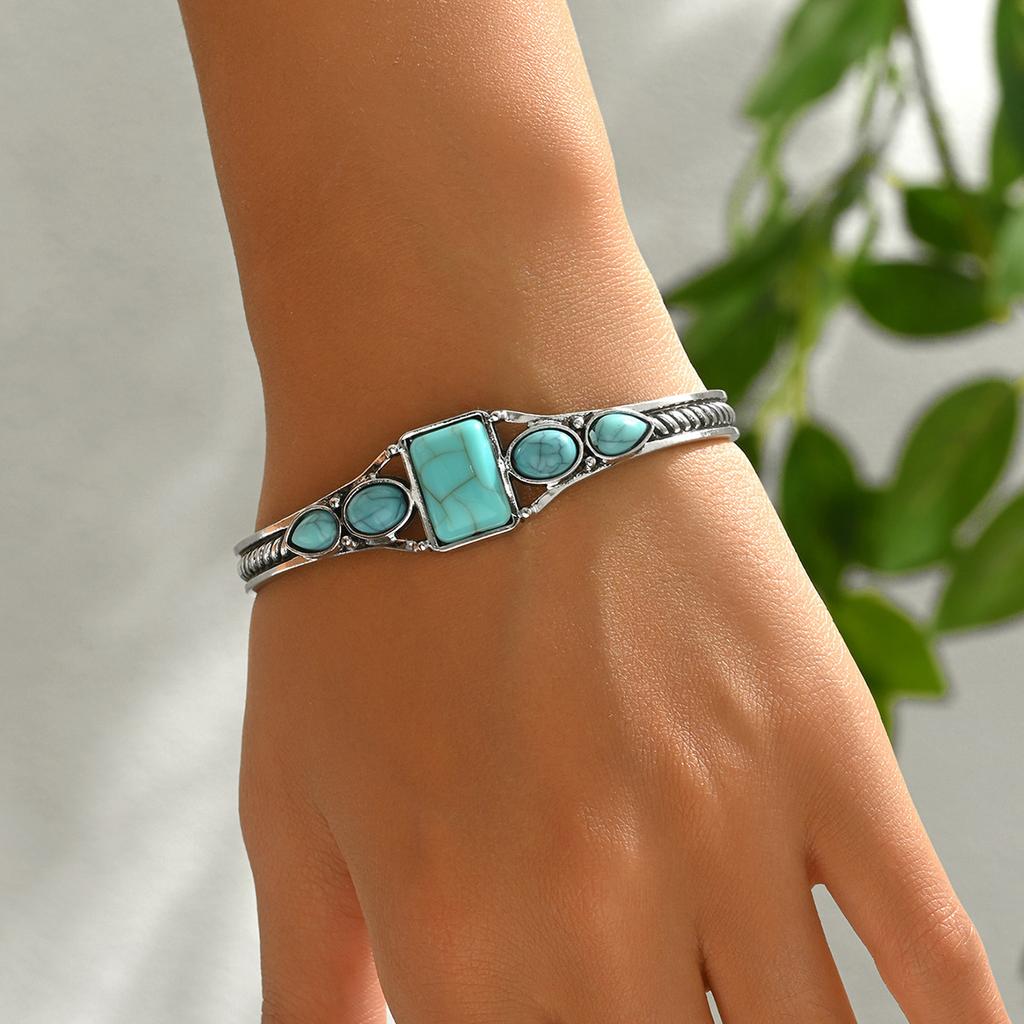 Retro style women's opening adjustable bracelet geometric inlaid turquoise pattern design bracelet jewelry women