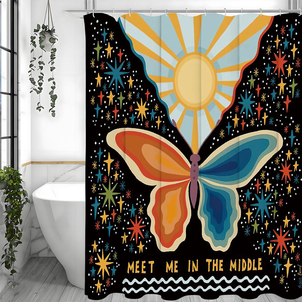 Butterfly Sun Star Shower Curtain, Bathroom Decorative Shower Curtain, Waterproof Shower Curtain with Hooks