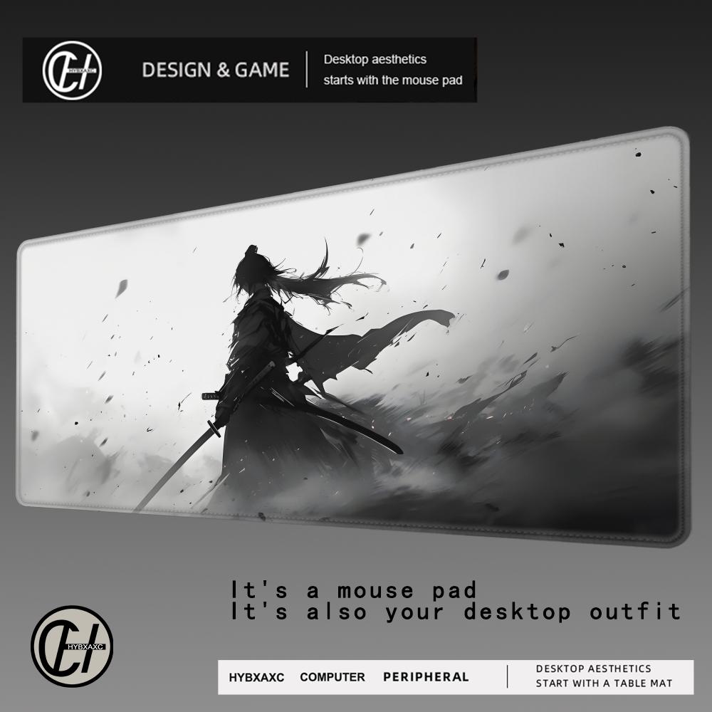 HYBXAXC Ink Warrior Mouse Pad XXL Anime Samurai Rug Gaming Pc Accessories 40x90cm Office Desks Aesthetic Mousepad Table Cushion