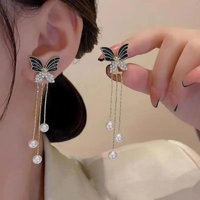 925 Silver Needle Green Red Butterfly Long Tassel Earrings For Women Jewelry Trending Korean Fashion Crystal Drop Earrings