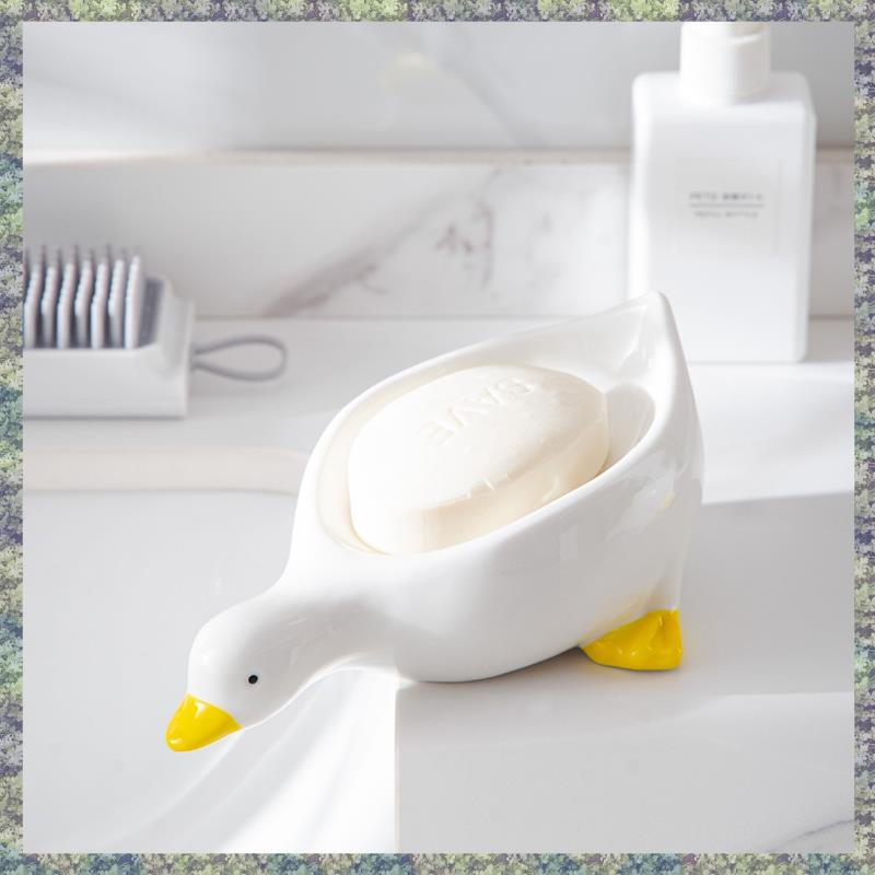 WON 1 Piece Yellow Duck Shape Soap Box Cartoon Soap Dish Drainable Soap Holder Soap Container Ceramics Soap Dish For Tray Bathro