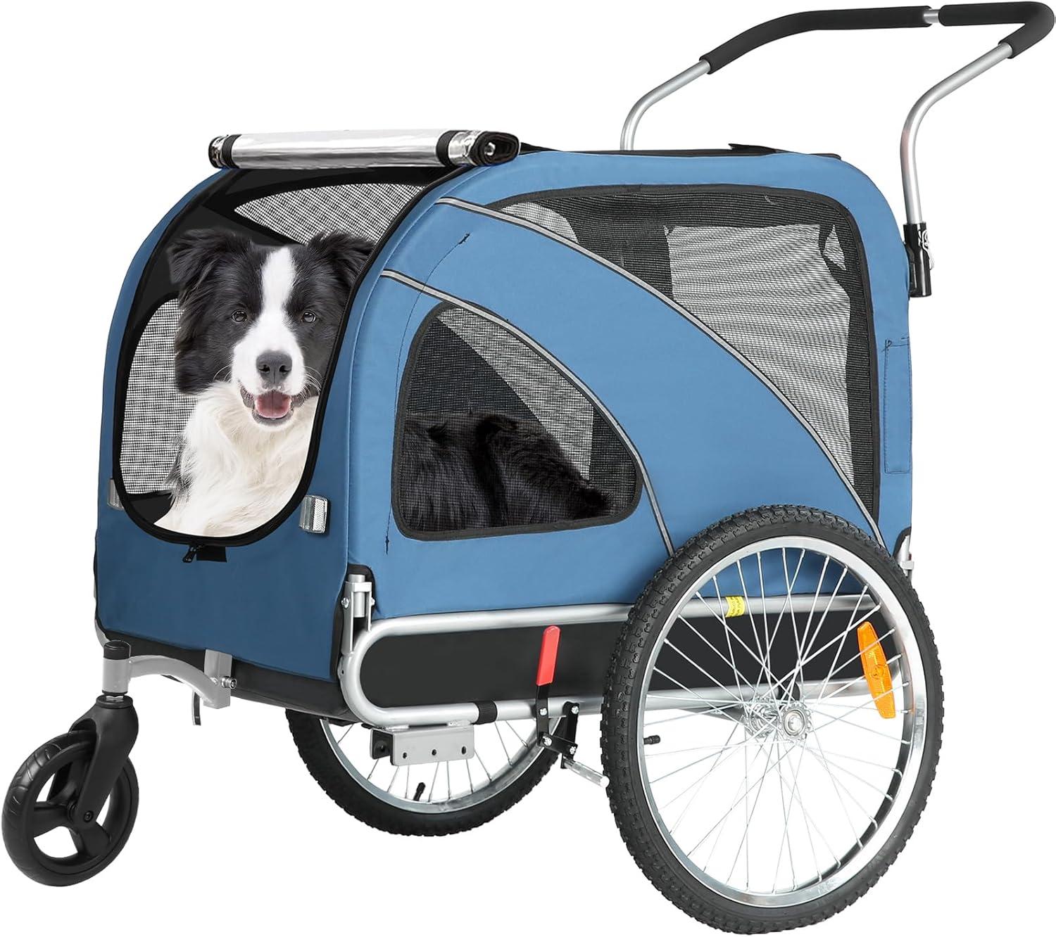 

Велосипедная коляска-прицеп и беговая коляска для собак Sepnine 2-в-1 с ручным тормозом и светоотражателями, Прочная ткань Оксфорд 600D, Переноска для животных до 40 кг XL синий