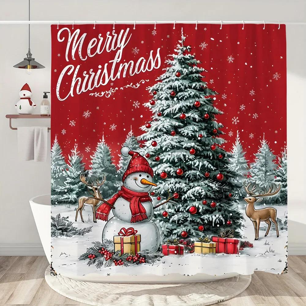 Snowman Christmas Shower Curtain Christmas Tree Gifts Red Bird Winter Snow Fabric Printed Bath Curtain Bathroom Decor With Hoo