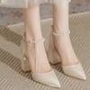 2025 New Elegant Pearl-Embellished Satin Heels - 5cm Chunky Low Heel Bridal Shoes with Adjustable Ankle Strap