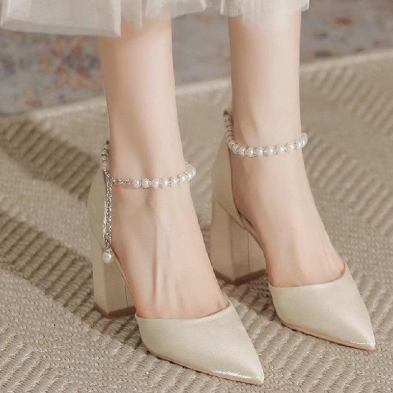 2025 New Elegant Pearl-Embellished Satin Heels - 5cm Chunky Low Heel Bridal Shoes with Adjustable Ankle Strap