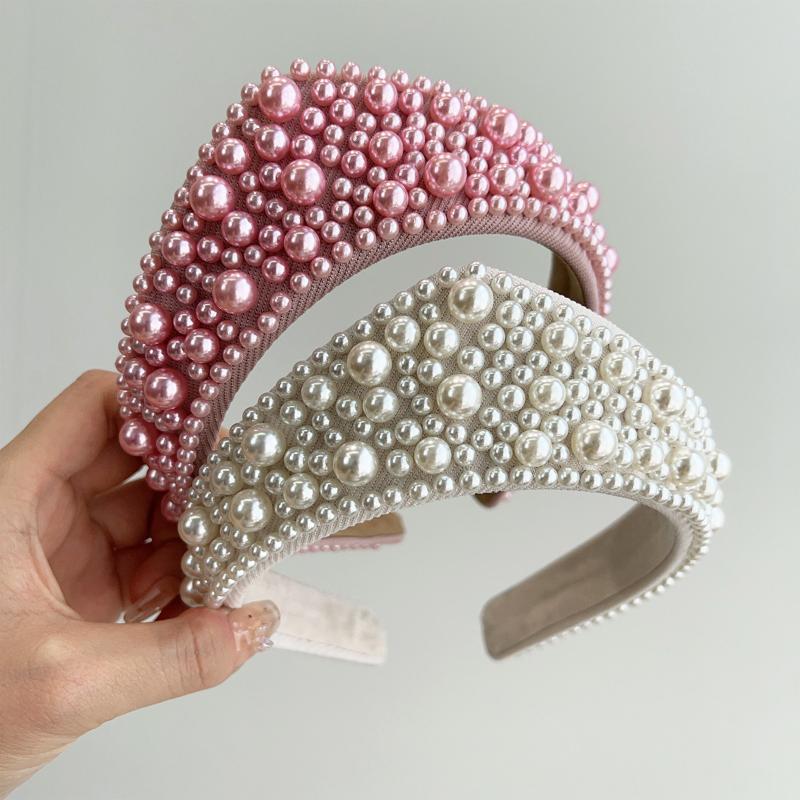 1Pcs Crystal Hairbands Luxurious Pearl Headbands Vintage Beaded Sponge Hair Hoop Handmade Anti-Slip Rhinestone Tiara Bridal