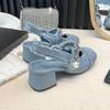 Fashion 2024 Women Summer 7cm High Heels Shoes Sandals Lady Bling Mules Slingback Silver Pumps Female Denim Sandals Bridal Quality Shoes