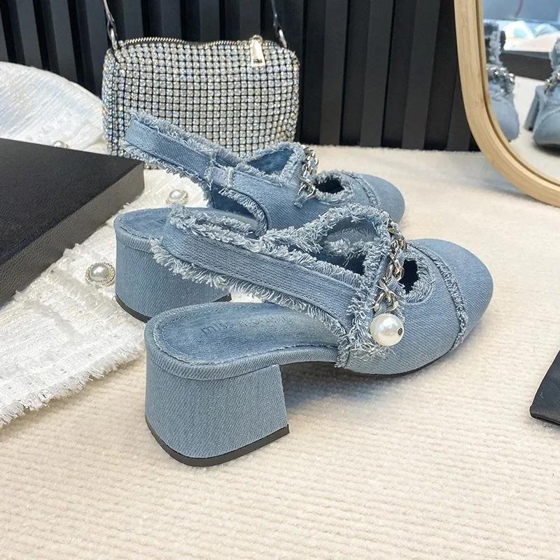 Fashion 2024 Women Summer 7cm High Heels Shoes Sandals Lady Bling Mules Slingback Silver Pumps Female Denim Sandals Bridal Quality Shoes