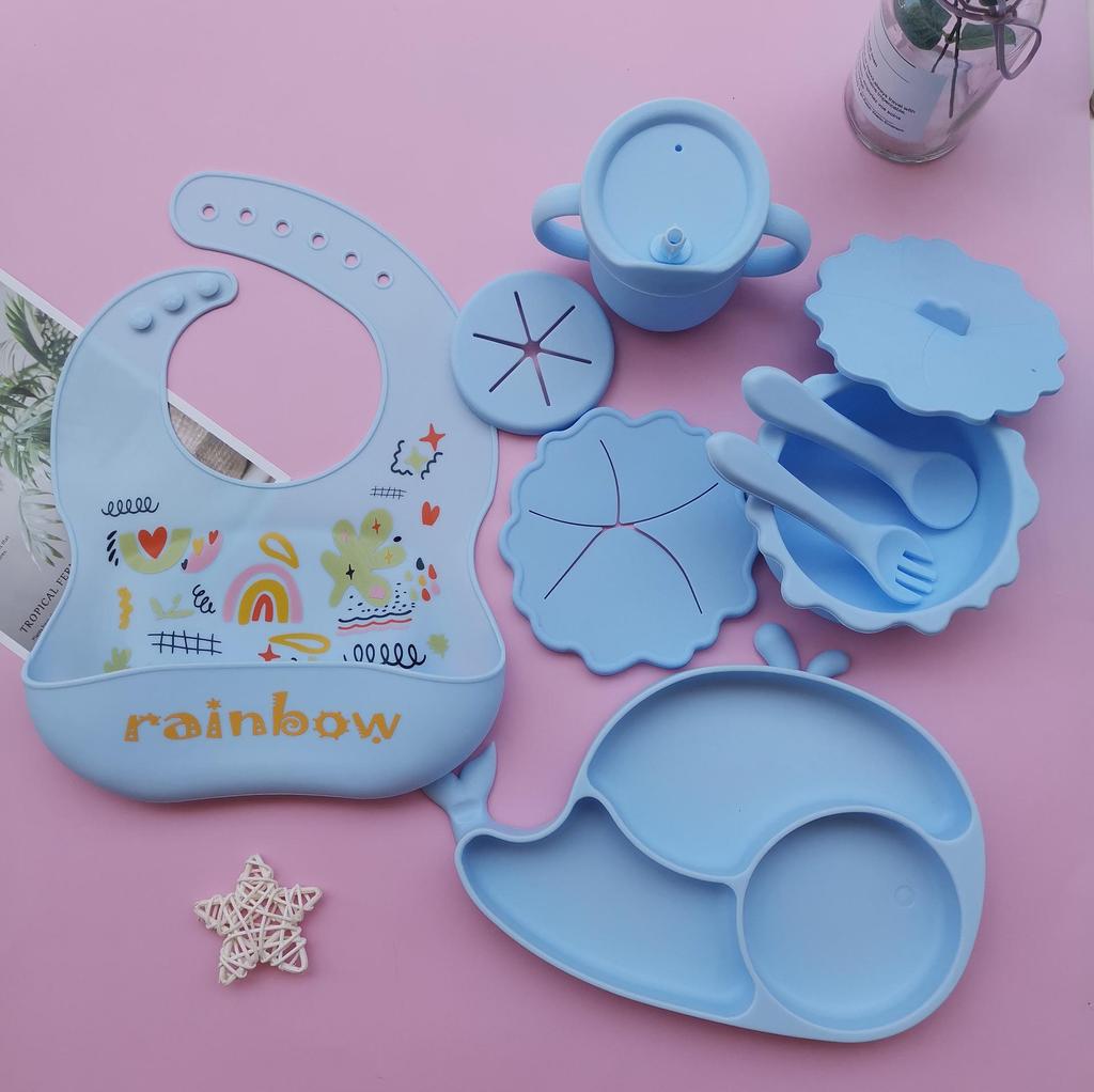 Silicone Baby Tableware Set: Non-slip Bowl, Bib, Plate, Fork & Spoon - Food Grade Material