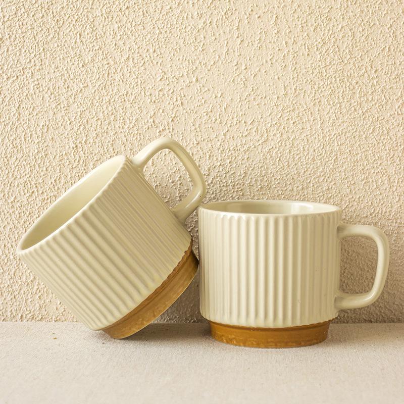 Creative Retro Style Mug Relief Vertical Pattern Ceramic Water Cup Stacking Cup Coffee Cup Household Cup High Value Cup