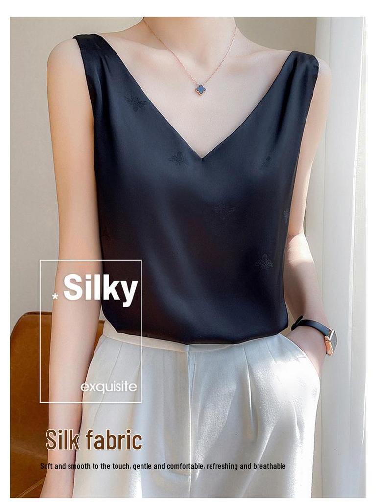 2023 Summer Women's V-Neck Silk Satin Camisole with Draped Silhouette