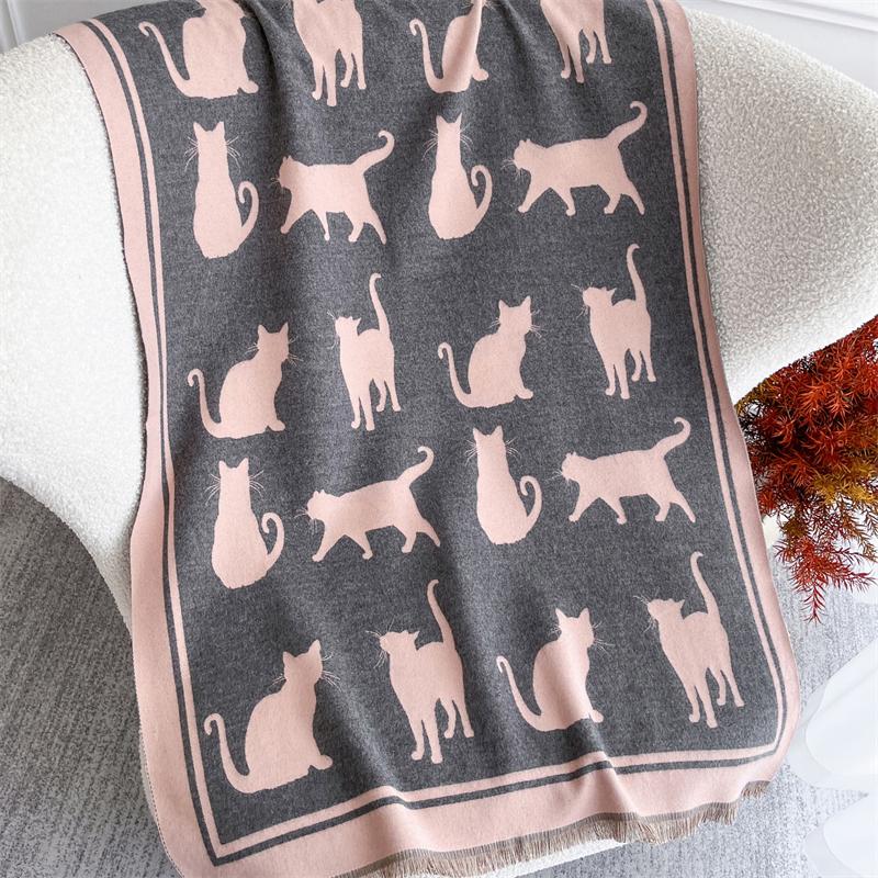 Winter Pink Cat Pattern Scarf Cashmere Women Jacquard Pashmina Design Wrap Female Thick Blanket Soft Bufanda Shawl Kerchief