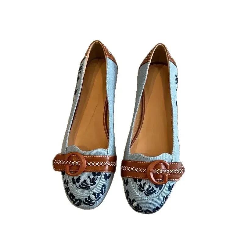 

Модные туфли Мэри Джейн с пряжкой, вышитые слипоны с низким вырезом, балетки, повседневная женская обувь, резиновая подошва, удобные летние 36 синий