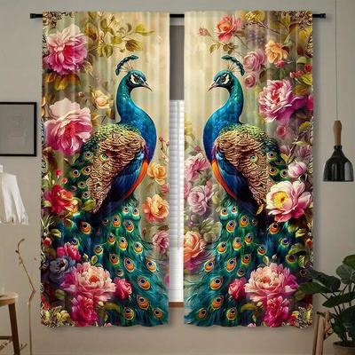 2 Stück-Retro Pfauen und Blumen - Stangentaschenvorhänge   Schlafzimmer- und Wohnzimmerdekoration   Heimdekoration   Wohnzimmerdekoration