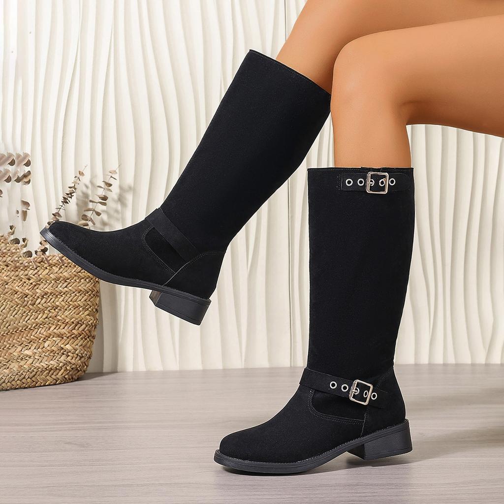 British Style Square Heel Mid-calf Knight Boots Women's Boots Fashionable Durable Buckle Decoration Retro Suede Boot Botas Mujer