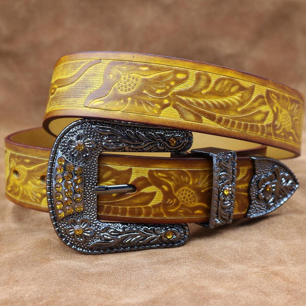 Men's Embossed Western Leather Belt - Retro Oiled Waxed Cowhide with Buckle