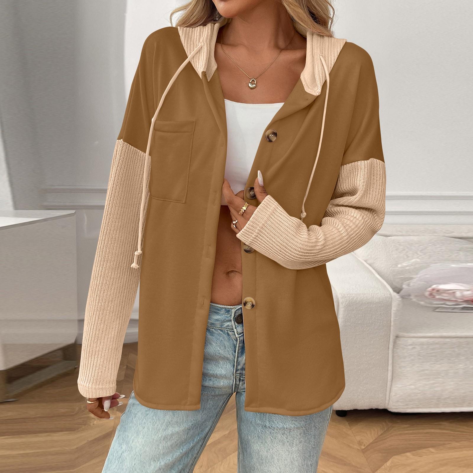 

Женский повседневный кардиган с длинными рукавами, капюшоном и карманами, с контрастными вставками XL верблюд