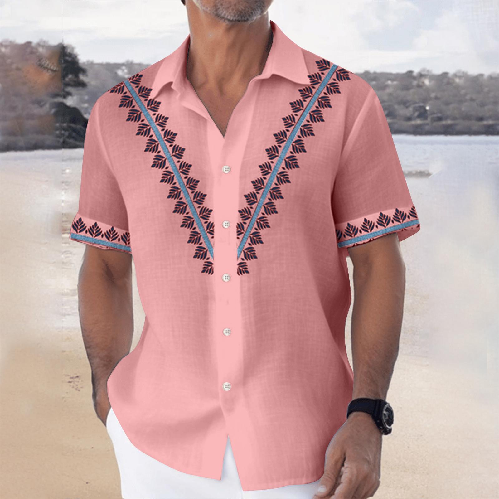 

Гавайская рубашка для мужчин, мужские винтажные рубашки для боулинга на пуговицах, летняя пляжная рубашка с коротким рукавом M розовый