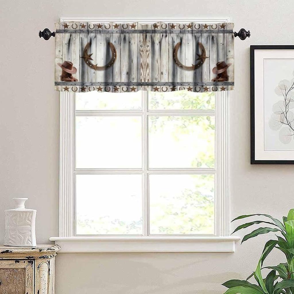 West Country Wooden Doors Valance Curtain for Kitchen,Old Country Ranch Texas Western Cowboy Star Sign Barn Door Windows Treatment Drapes for