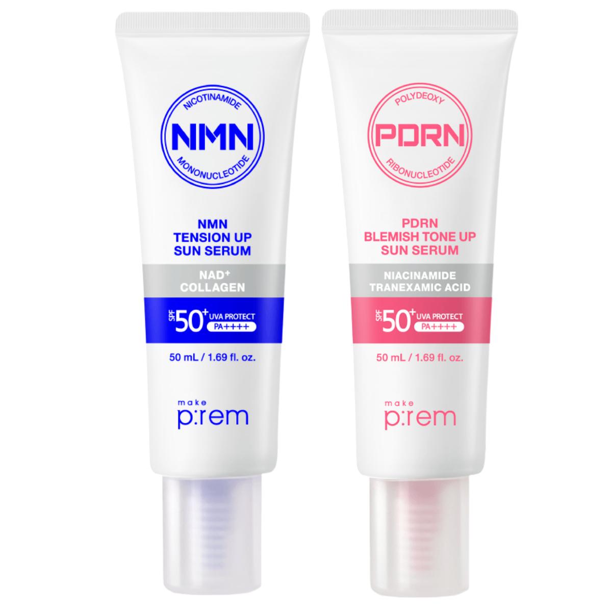 Make P:rem PDRN Blemish Tone Up Sun Serum 50ml + NMN Tension Up Sun Serum 50ml Set Hydrating Brightening UV Protection K-Beauty Sun Cream Duo