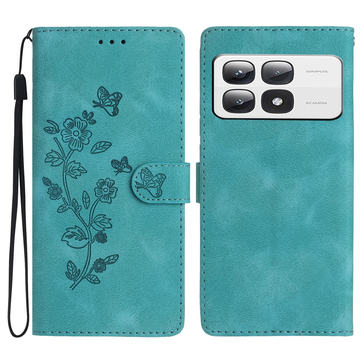 

For Xiaomi 14T Pro Case Leather Imprinted Flower Phone Cover Wallet with Wrist Strap Sky Blue