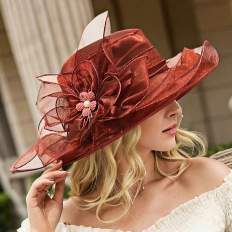 Elegante Sombrero de Sol para Mujer con Velo Floral Transparente, Ala Ondulada, Ala Ancha, Sombrero de Verano para Exteriores