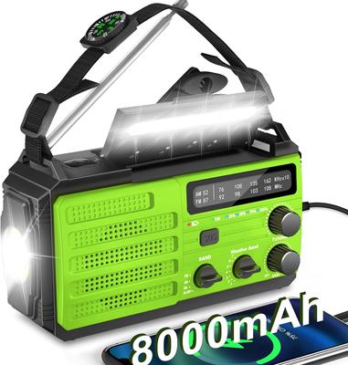 Nouzové rádio s klikou, přenosné solární rádio s AM/FM, svítilna, kompas, dobíjecí baterie, SOS alarm při výpadku proudu, kempování, venkovní 8000 mAh