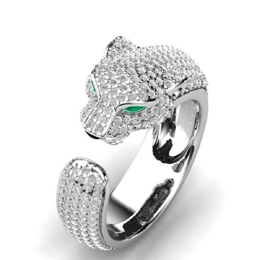 Full Diamond Leopard Head Open Ring Unisex Fashion Jewelry Adjustable opening серебряный
