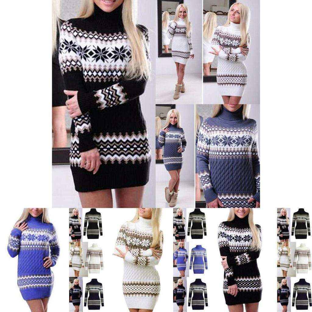 Elegant Christmas Woman Turtleneck Sweater Dress With Festive Snowflake Pattern